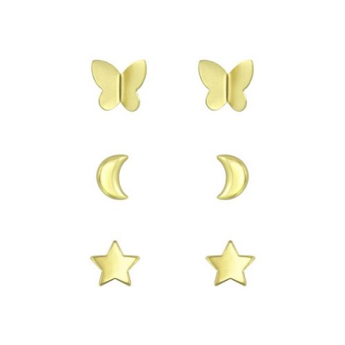 Gold plated Moon, Star and Butterfly Ear Studs Set